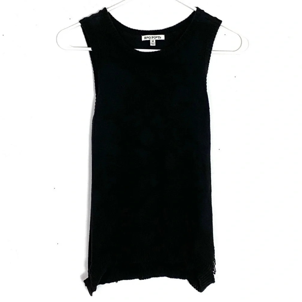 Rag Poets Sleeveless Sweater Womens Size Medium Black Crew Distressed Open Side